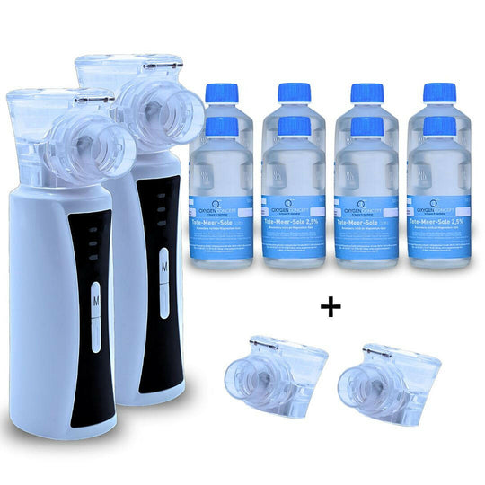 Das OxygenOne Taschenvernebler Family Bundle mit zwei Verneblern, 8x 500ml Sole und 2x Membranen