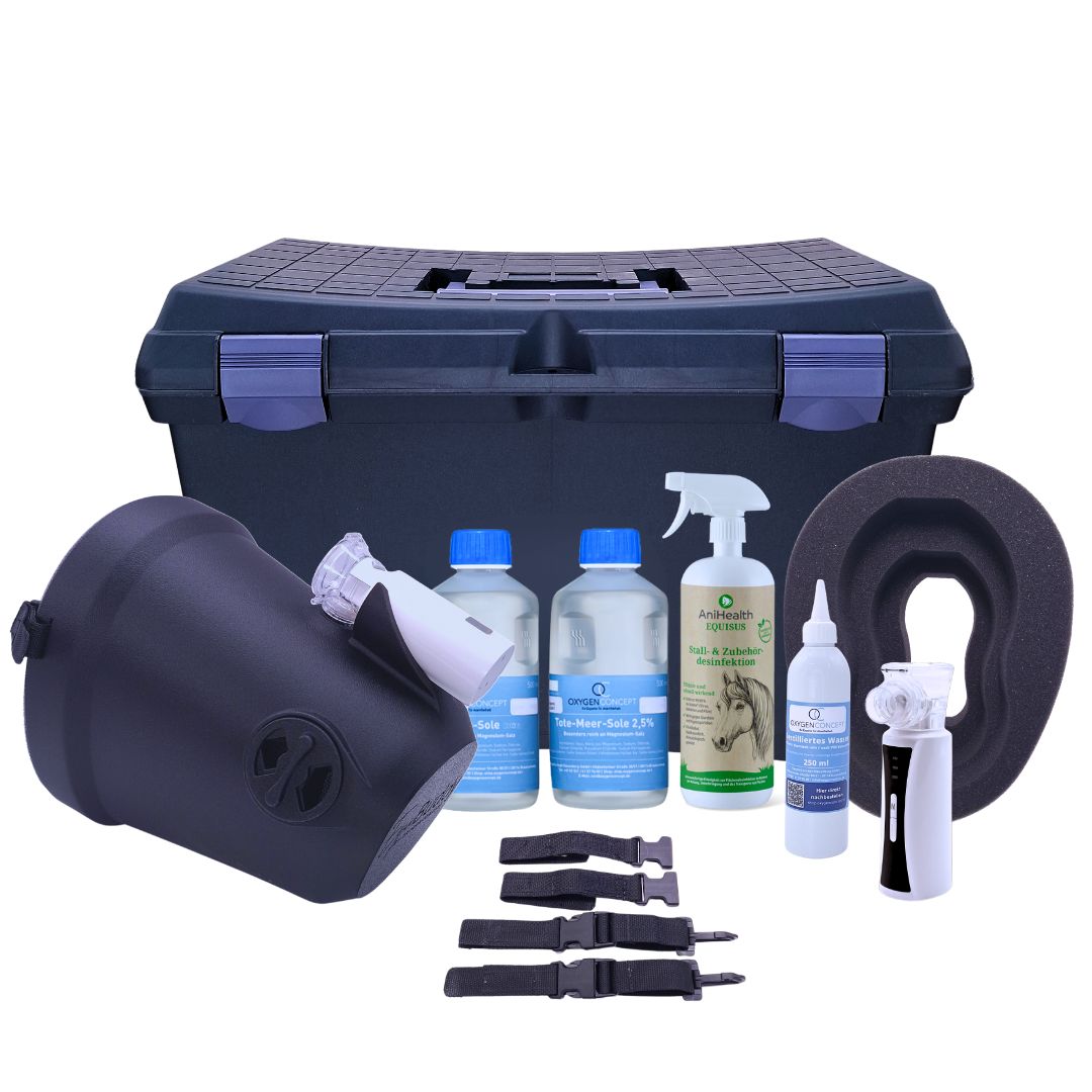 EquiBuddy Inhalationsmaske: Inhalt des Startpakets mit Maske, Vernebler, Sole und Zubehör.