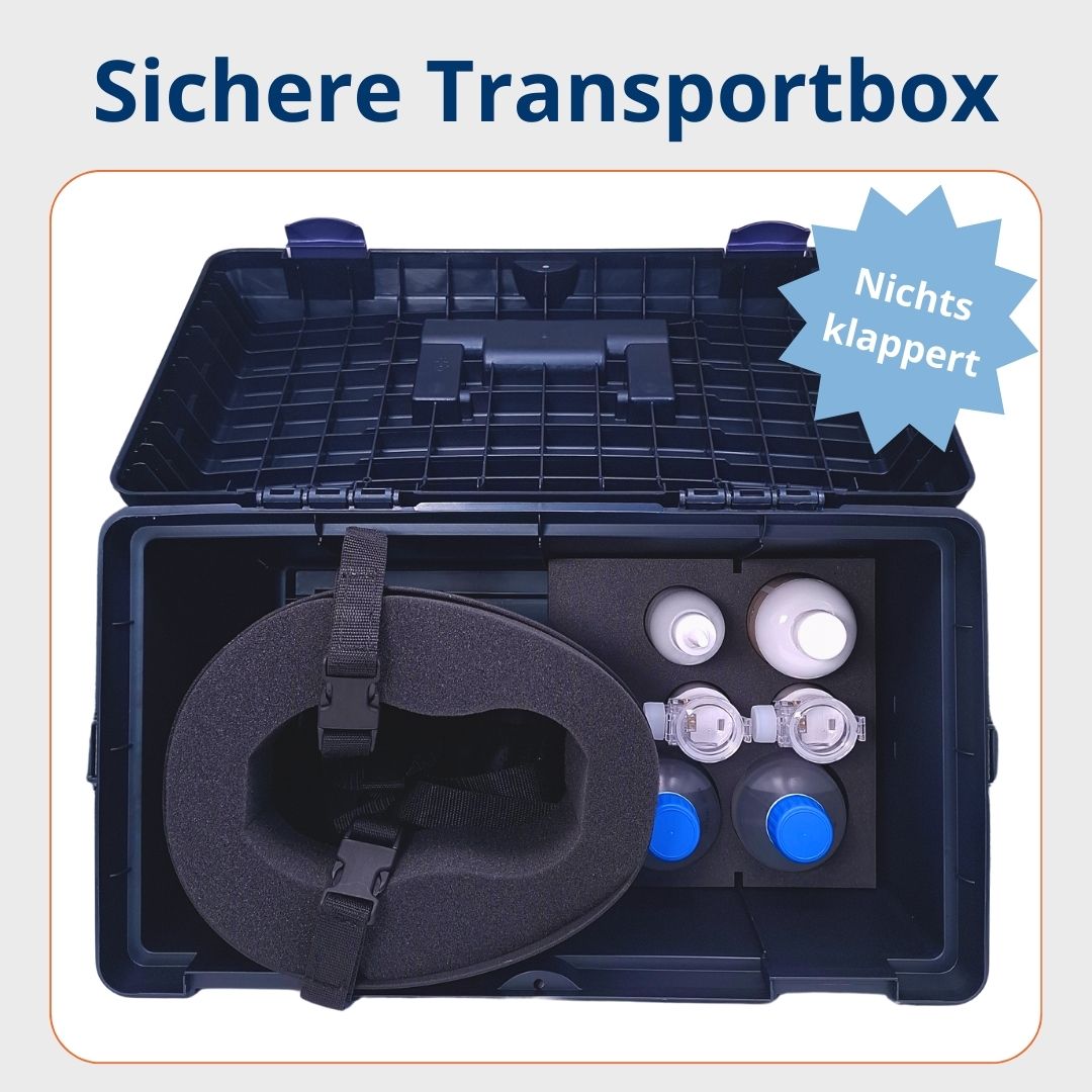 Die sichere Transportbox für die EquiBuddy Inhalationsmaske, ideal für unterwegs und zur Aufbewahrung.