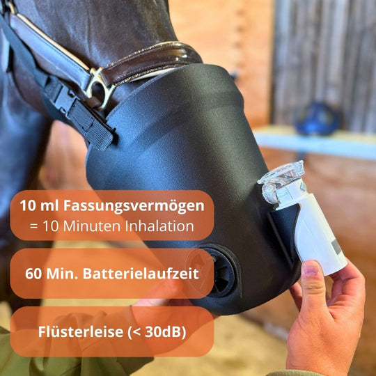 EquiBuddy Inhalationsmaske mit eingesetztem OxygenOne Mesh-Vernebler.